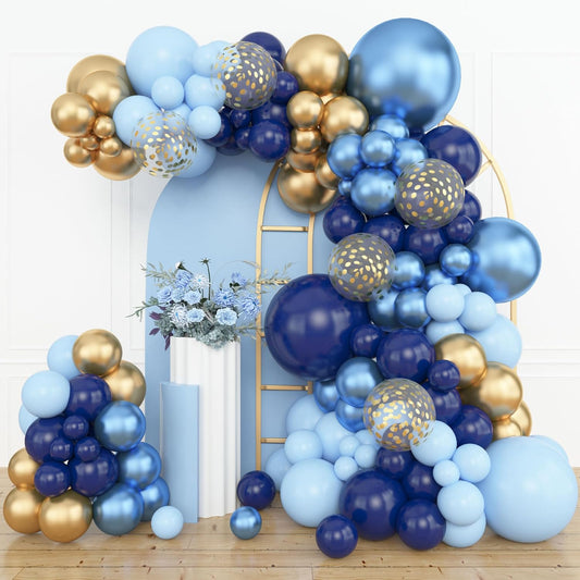 Amandir 153pcs Navy Blue Gold Balloon Garland Arch Kit, Different Sizes 18 12 10 5 inch Pastel Blue Latex Metallic Confetti Balloons for Boys Graduation Birthday Party Ocean Baby Shower Decoration