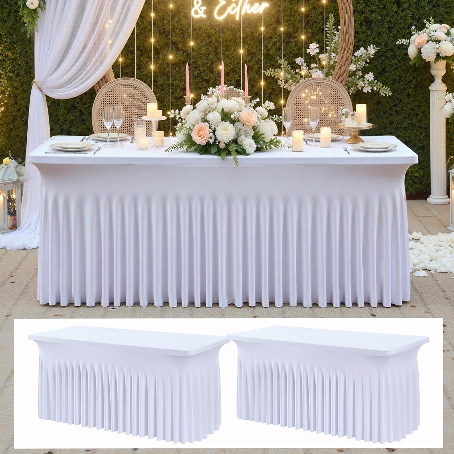 2 pk White Spandex Tablecloth 4ft with Ruffle Table Skirt, Wrinkle Free High Stretch Fitted Tablecloths for 6 Foot Rectangle Tables, Elastic Spandex Table Covers 6ft for Parties Weddings Banquet
