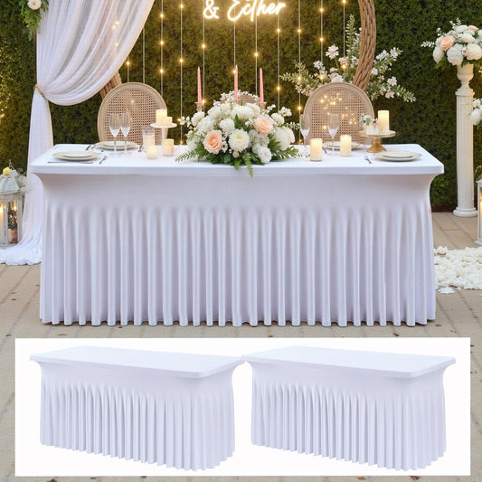 2 pk White Spandex Tablecloth 4ft with Ruffle Table Skirt, Wrinkle Free High Stretch Fitted Tablecloths for 6 Foot Rectangle Tables, Elastic Spandex Table Covers 6ft for Parties Weddings Banquet