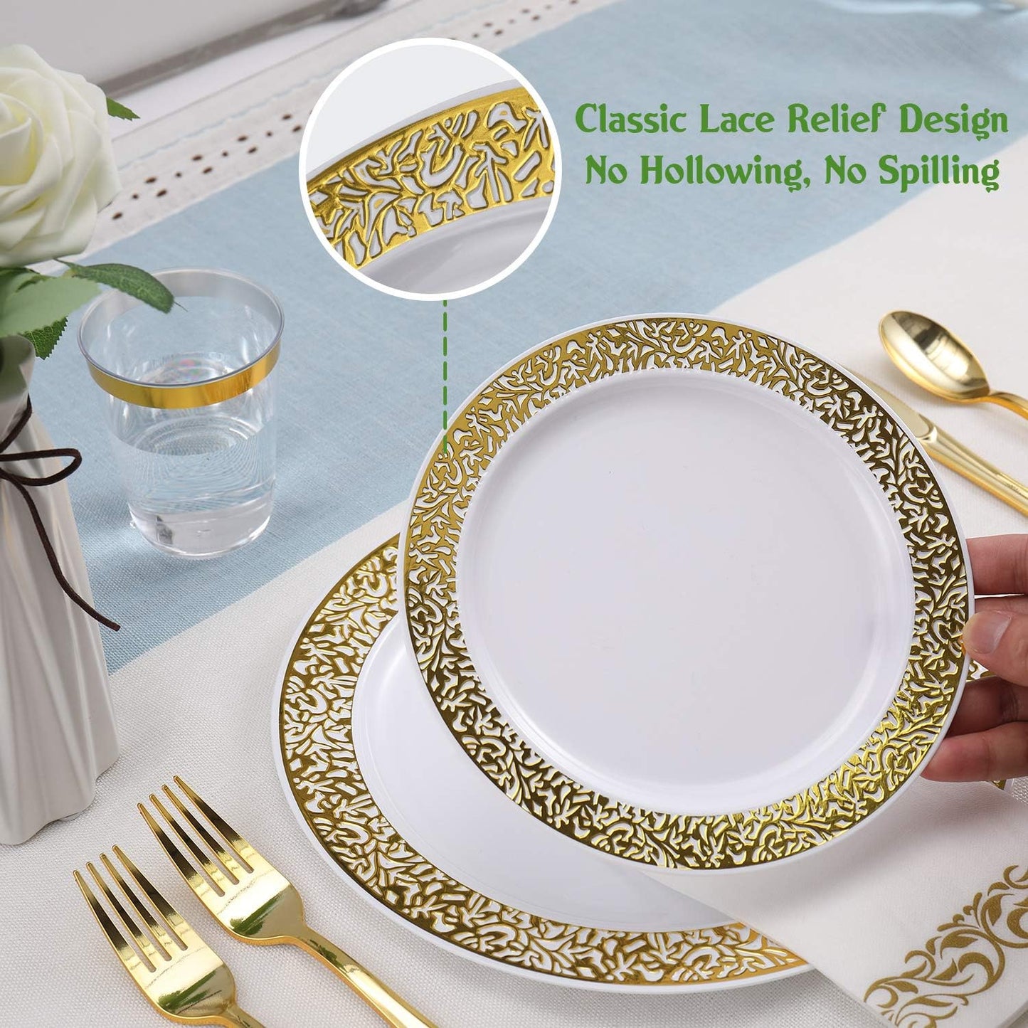 FOCUSLINE 175 Ct Gold Dinnerware Set for 25 Guests, Plastic Plates with Gold Lace Rim Design, Including 25 Disposable Dinner & Dessert Plates, Cups, Napkins, Cutlery Set