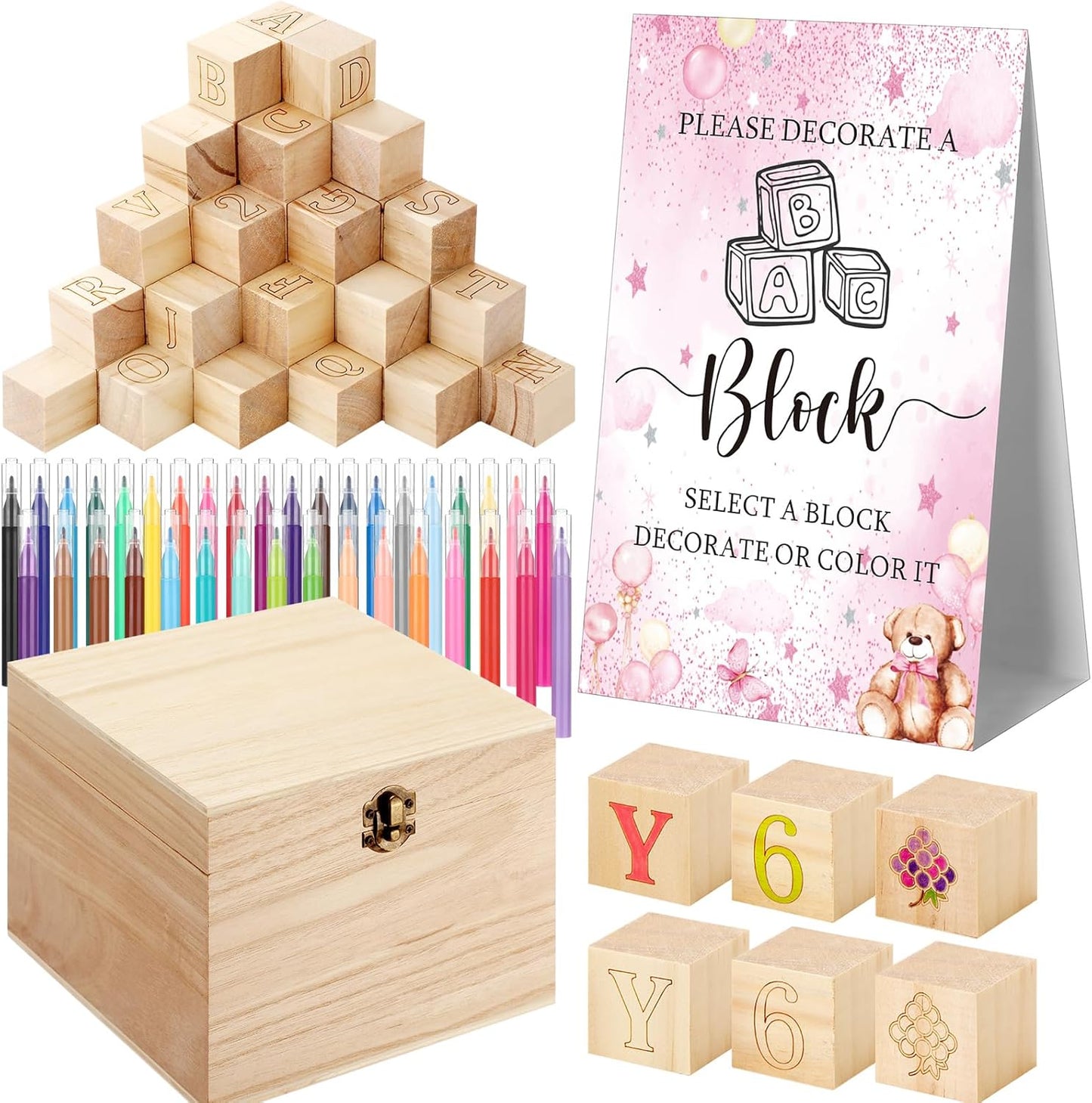 Marsui 136 Pcs Baby Shower Blocks to Decorate Game Kit Includes 98 Wooden Blocks, 36 Markers, 1 Game Sign, 1 Storage Box for Baby Shower Gender Reveal Activity Party Decorations(Pink Bear)