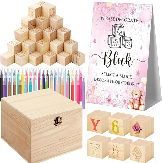 Marsui 136 Pcs Baby Shower Blocks to Decorate Game Kit Includes 98 Wooden Blocks, 36 Markers, 1 Game Sign, 1 Storage Box for Baby Shower Gender Reveal Activity Party Decorations(Pink Bear)