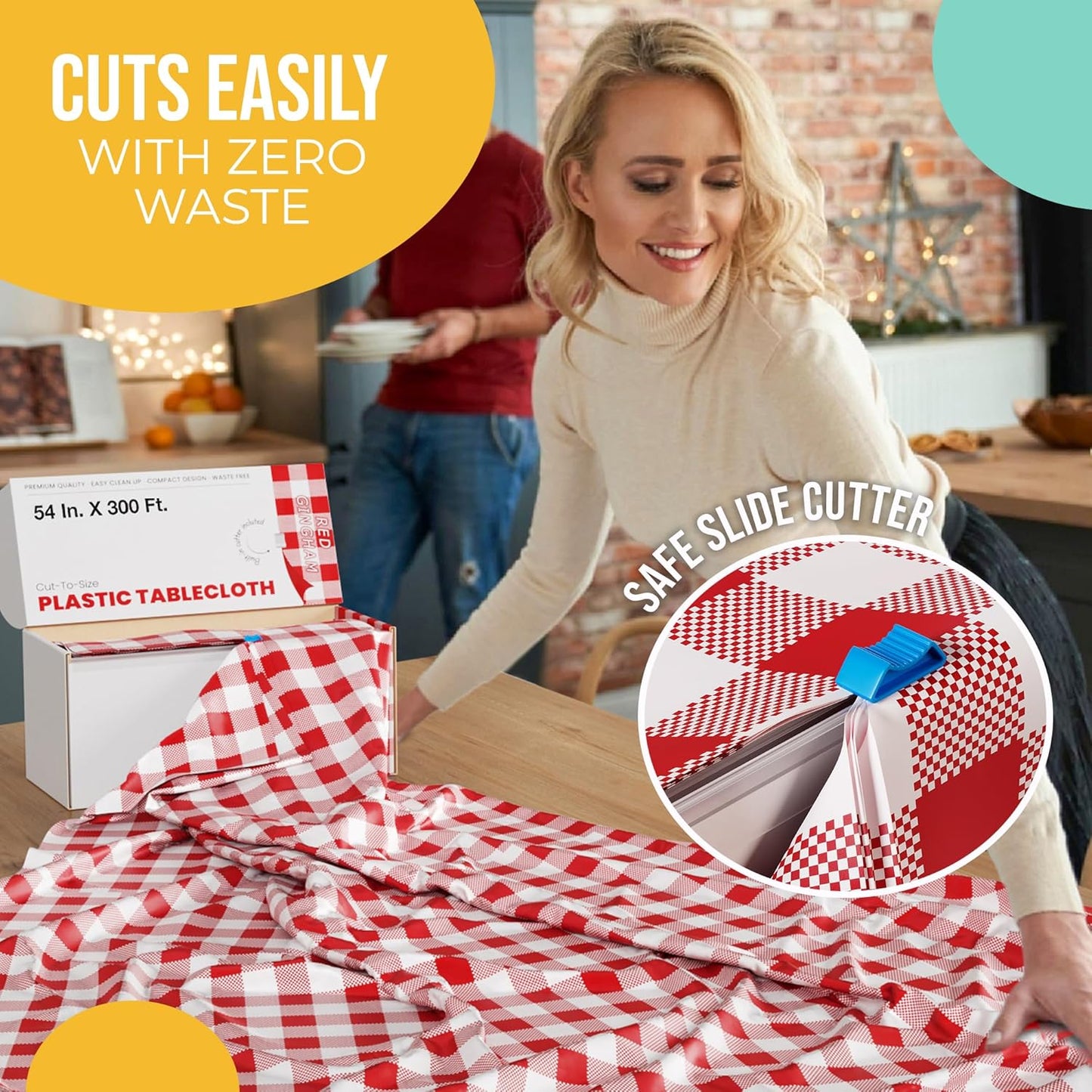 Party Solids 54 Inch X 300 Feet Red Gingham Plastic Table Cover Roll in A Cut - to - Size Box with Convenient Slide Cutter. Cuts Up to 36 Rectangle 8 Feet Plastic Disposable Tablecloths
