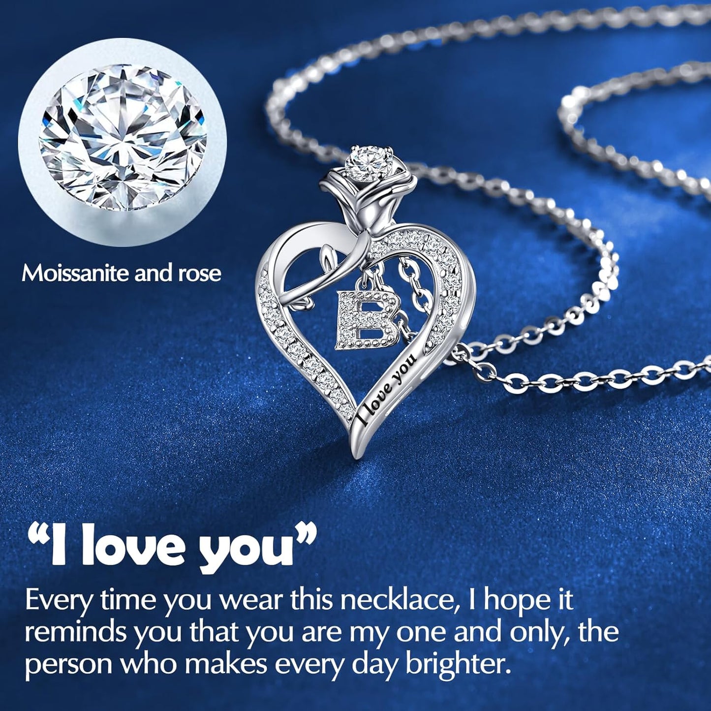 Rose Heart Pendant Necklace Gifts for Wife, Engraved 'I love you' Gift for Wife Girlfriend, Anniversary Birthday Eternity Jewelry Present for Women, Moissanite Necklace Gift for Her