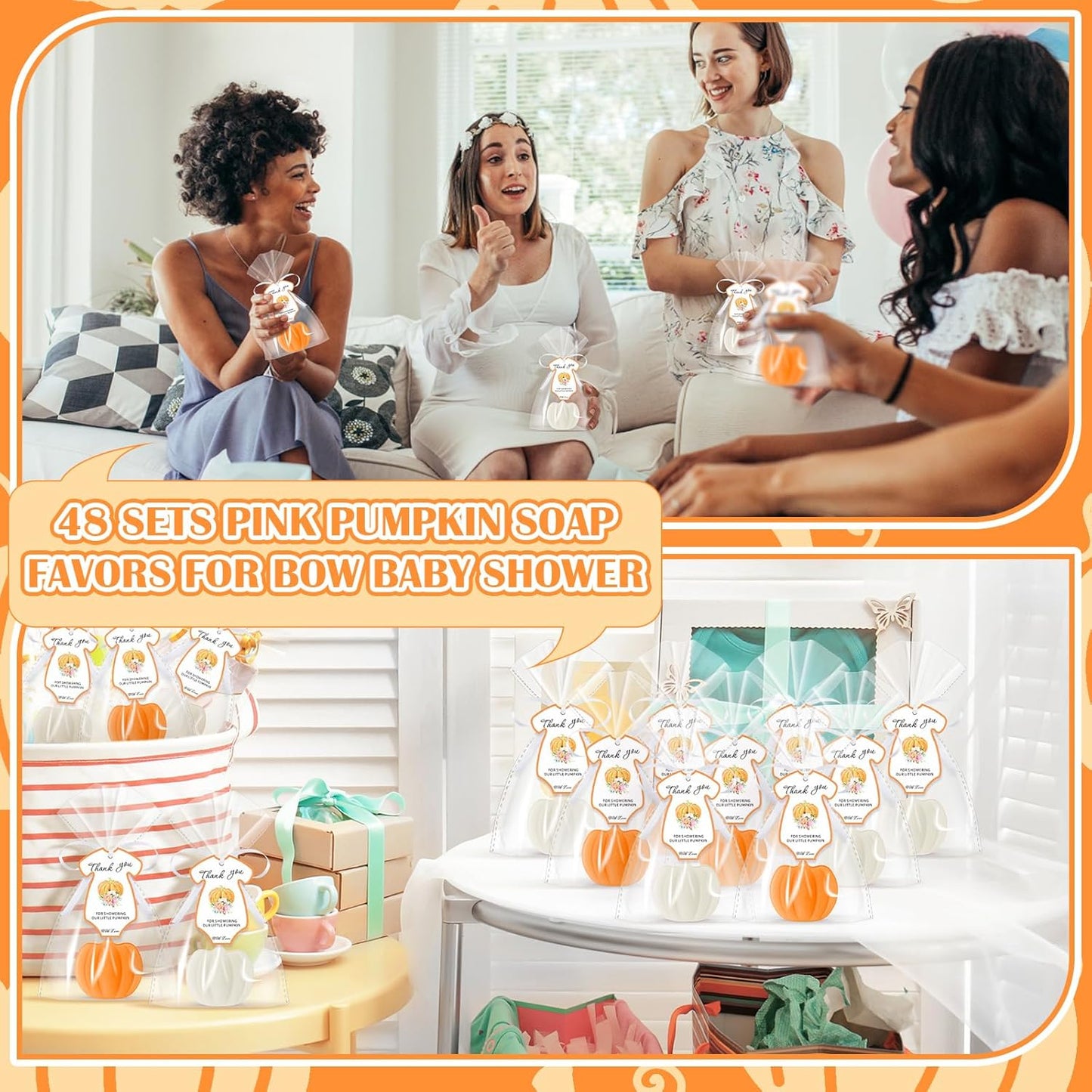 48 Sets Thanksgiving Pumpkin Soap Baby Shower Favor Thanksgiving Bridal Shower Favors Mini Pumpkin Soap Thanks Card Gift Bag with Ribbon for Autumn Guest Wedding Party Decor Gifts(White and Orange)