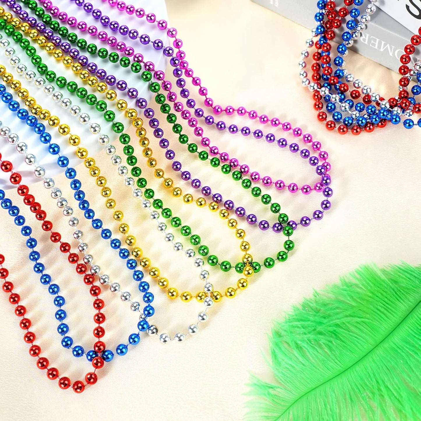 SHAOQINLIN 50 PCS Silver Mardi Gras Beads, 33" Silver Christmas Necklace, Metallic Patriotic Beads Necklaces, Parade Throws Accessories for Christmas Independence Day New Year Party Favors