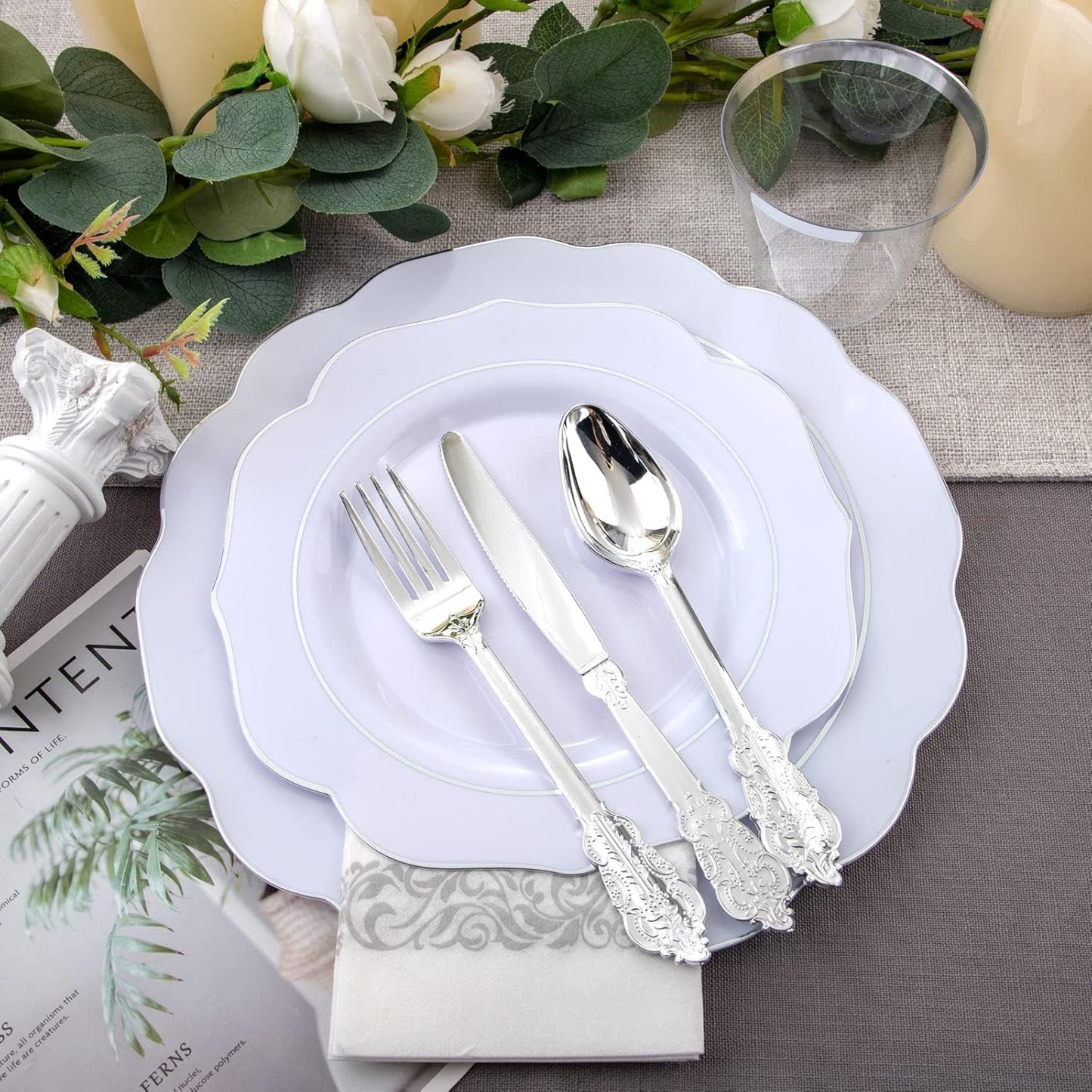 NOCCUR 175pcs Silver Plastic Plates - Silver Rim Plastic Tableware Include 25 Dinner/Dessert Plates, 25 Forks, 25 Knives, 25 Spoons for Wedding/Party/Christmas