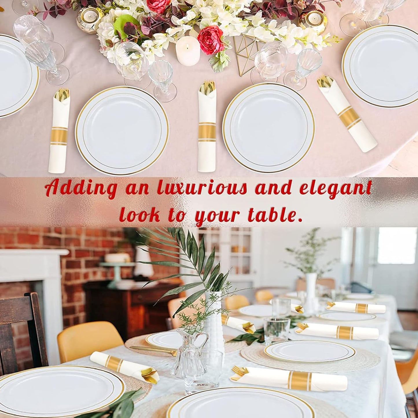 200 Pack Pre Rolled Gold Plastic Silverware Set,Wrapped Plastic Cutlery Set with Napkin Include 200 Forks,200 Spoons,200 Knives and 200 White Napkins for Party,Wedding