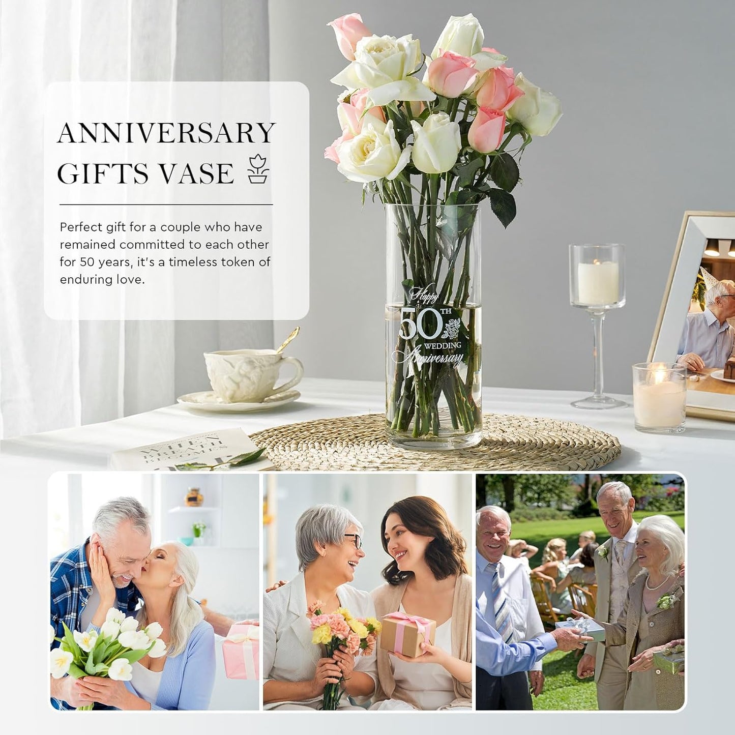 AW BRIDAL 50th Anniversary Wedding Gifts for Couples, 50th Anniversary Decorations for Parents Mom Dad, 50Year Golden Wedding Vase Centerpiece, Friend Sister Birthday Gifts, Flower Vase Home Decor