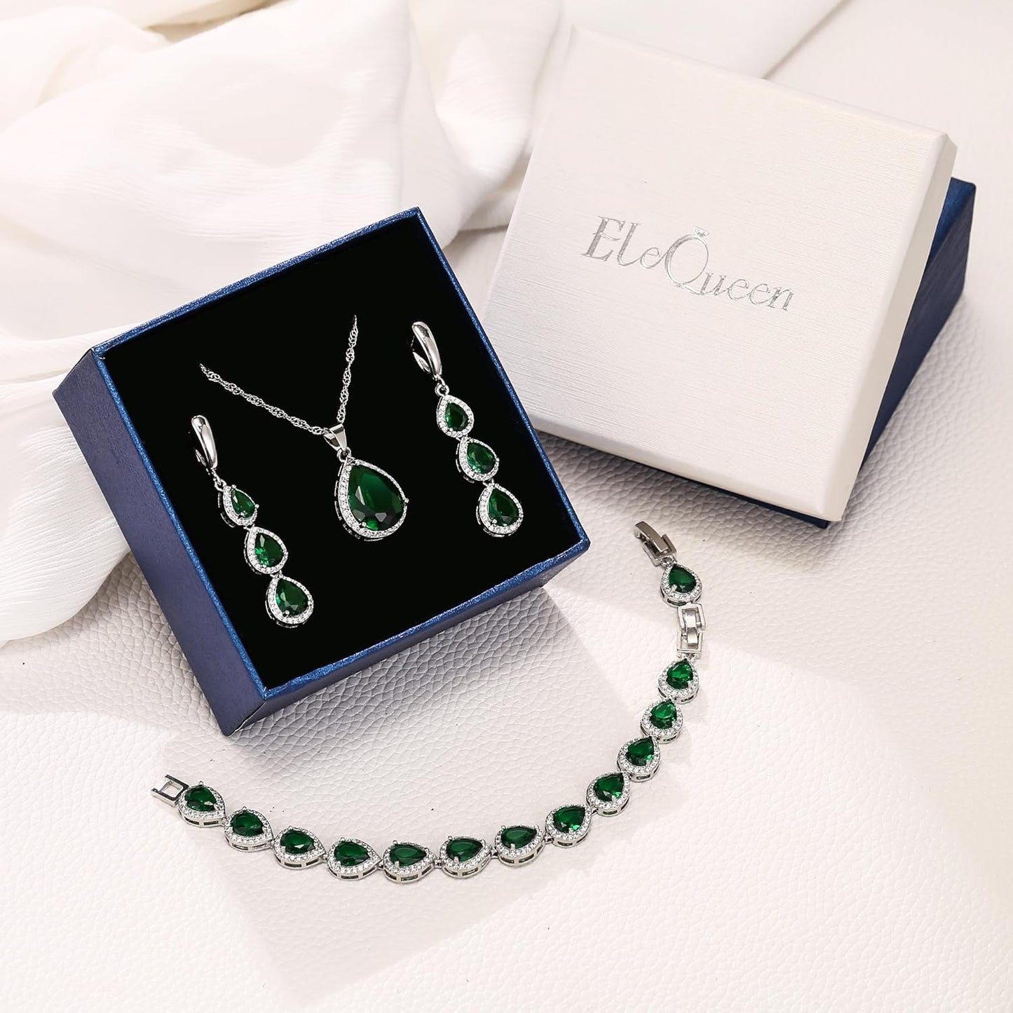 EleQueen Water Drop Pendant Necklace Long Dangle Earrings Tennis Bracelet Set, Sparkle Cubic Zirconia Teardrop Wedding Jewelry Sets for Bride Bridesmaid