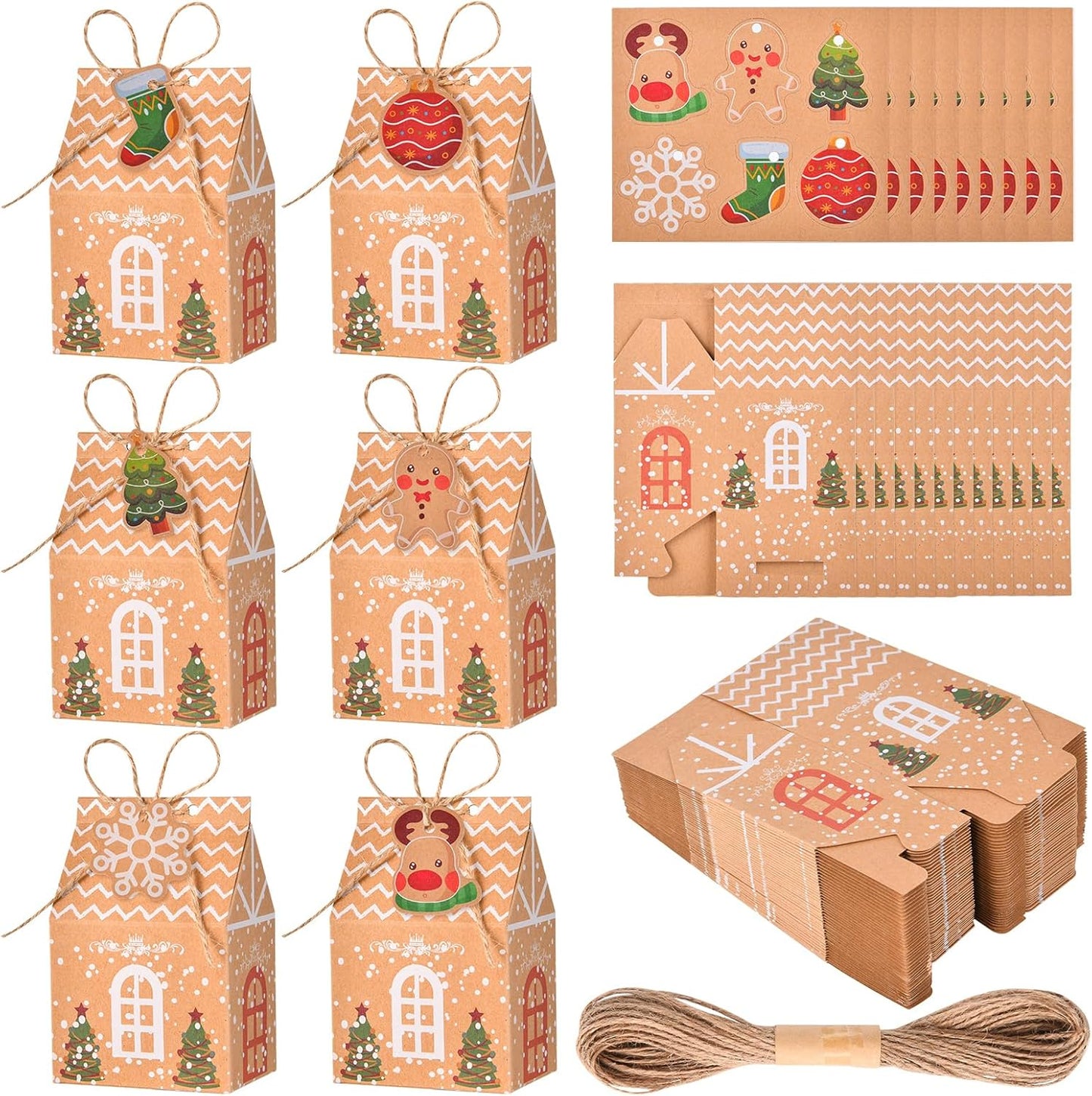 50 Christmas Gift Bags Cookie Boxes, Christmas gift Goody Boxes, Creative sticker House shaped food Storage Wedding gifts or Baby Shower Party Favors
