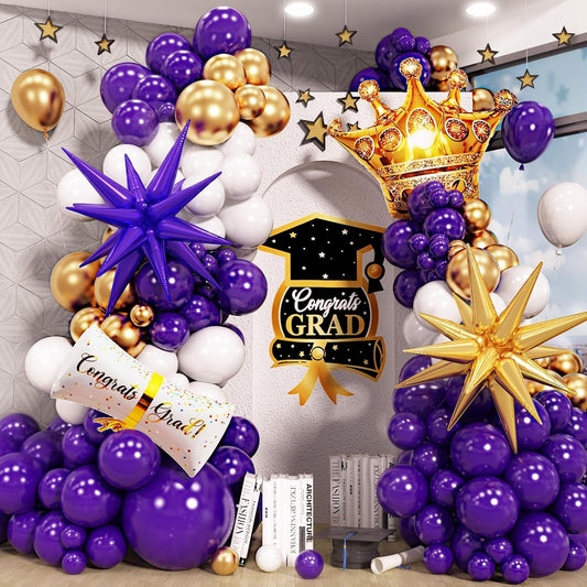 135 Pcs Graduation Balloons Arch Kit 2025 Congratulations Decorations, Purple Gold White Balloon Garland with Explosion Star Certificate Crown Foil Balloons for Class of 2025 Grad Prom Supplies Decor