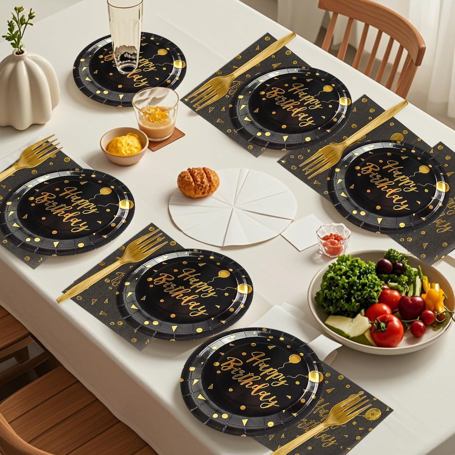 48PCS Happy Birthday Plates and Napkins Party Supplies, Black and Gold Disposable Paper Plates and Napkins with Forks Tableware Set for Birthday Party Decorations 16 Guests (Birthday Black)