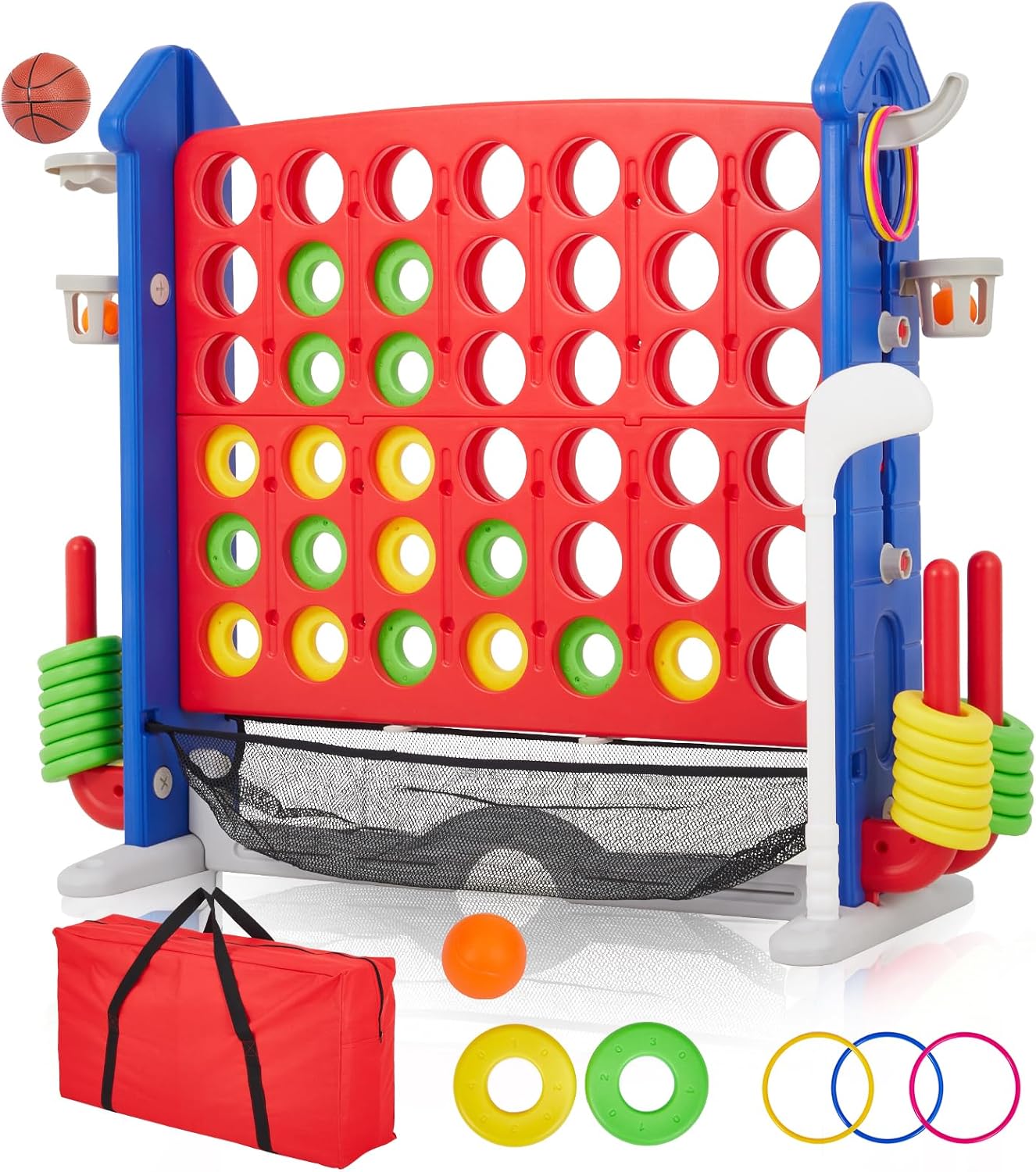 Giant 4 in a Row Game,Adjustable Height Board Jumbo 4-in-a-Row Game with Quick-Release Slider,Mini Basketball,Golf & Ring Toss Set for Family Party, Outdoor & Indoor
