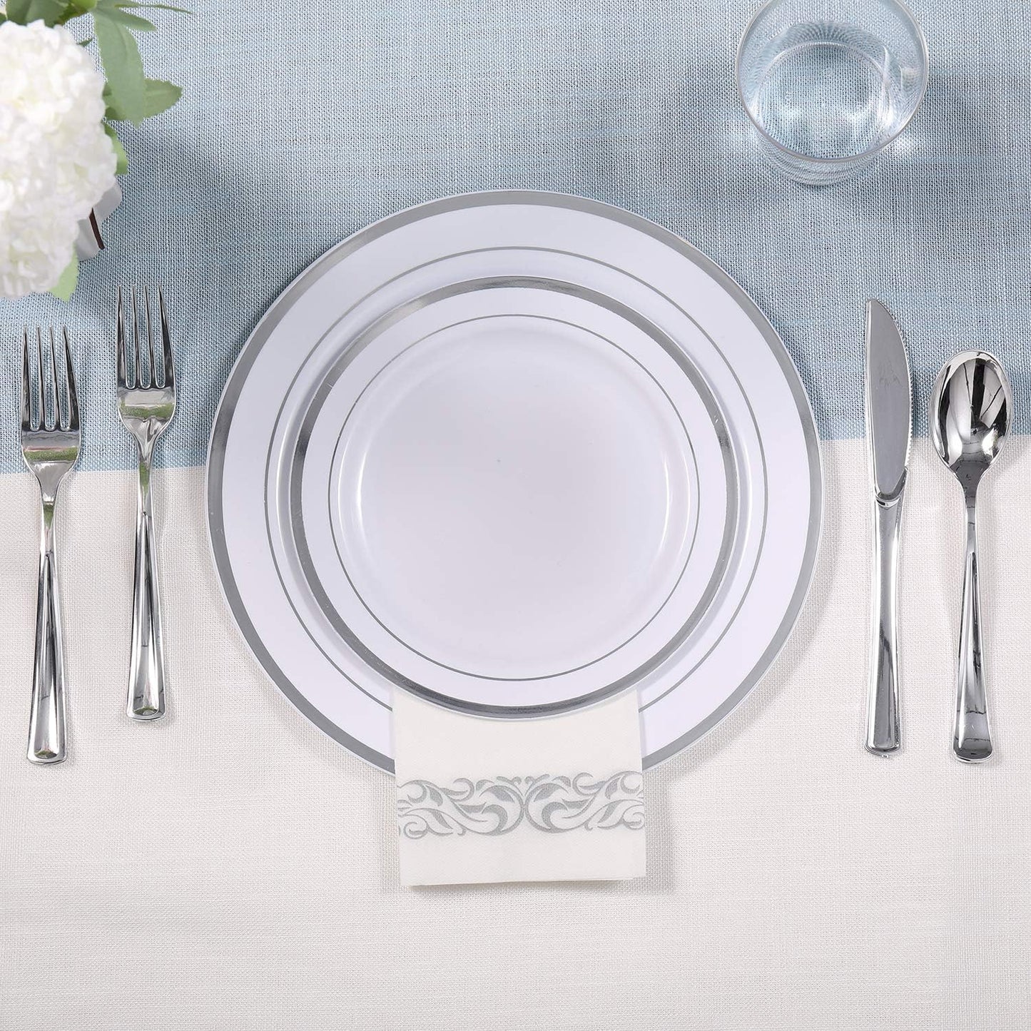 FOCUSLINE 175 Count Silver Dinnerware Set for 25 Guests - Silver Rimmed Disposable Plastic Plates Heavy Duty, Includes 25 Dinner & Salad Plates, Cups, Cutlery Set for Wedding Parties