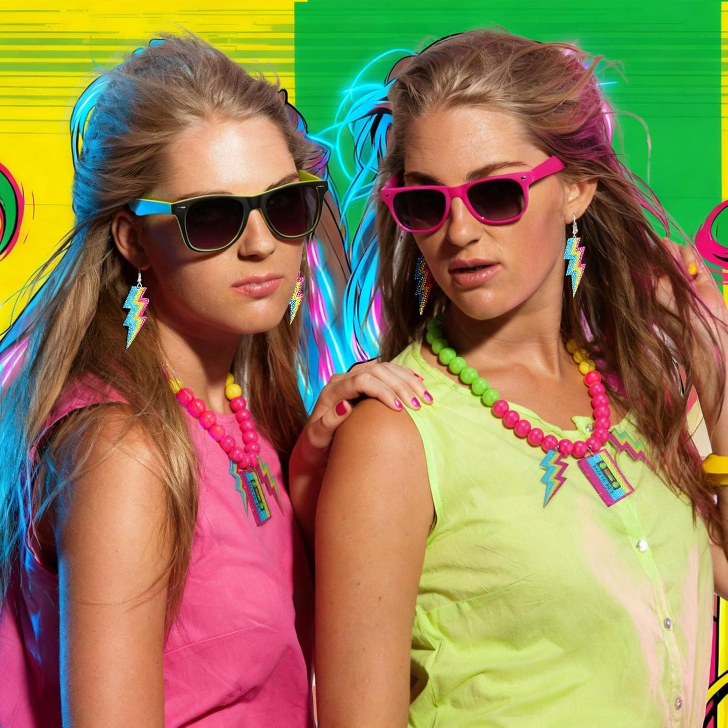 80s Outfits Costume Accessories for Women 80s Necklace Neon Beaded Necklaces for Glow Party Beads Necklaces with Lightning Earrings Tape Neon Jewelry Set for Women 80's Party Favors Decorations
