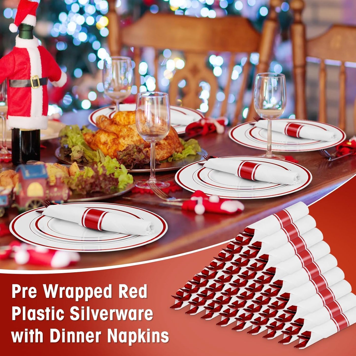 60Pack Red Pre Rolled Plastic Silverware - Wrapped Red Disposable Cutlery with Napkins, Heavy Duty Rolled Plastic Silverware Set, Disposable Utensils with Dinner Napkins for Party