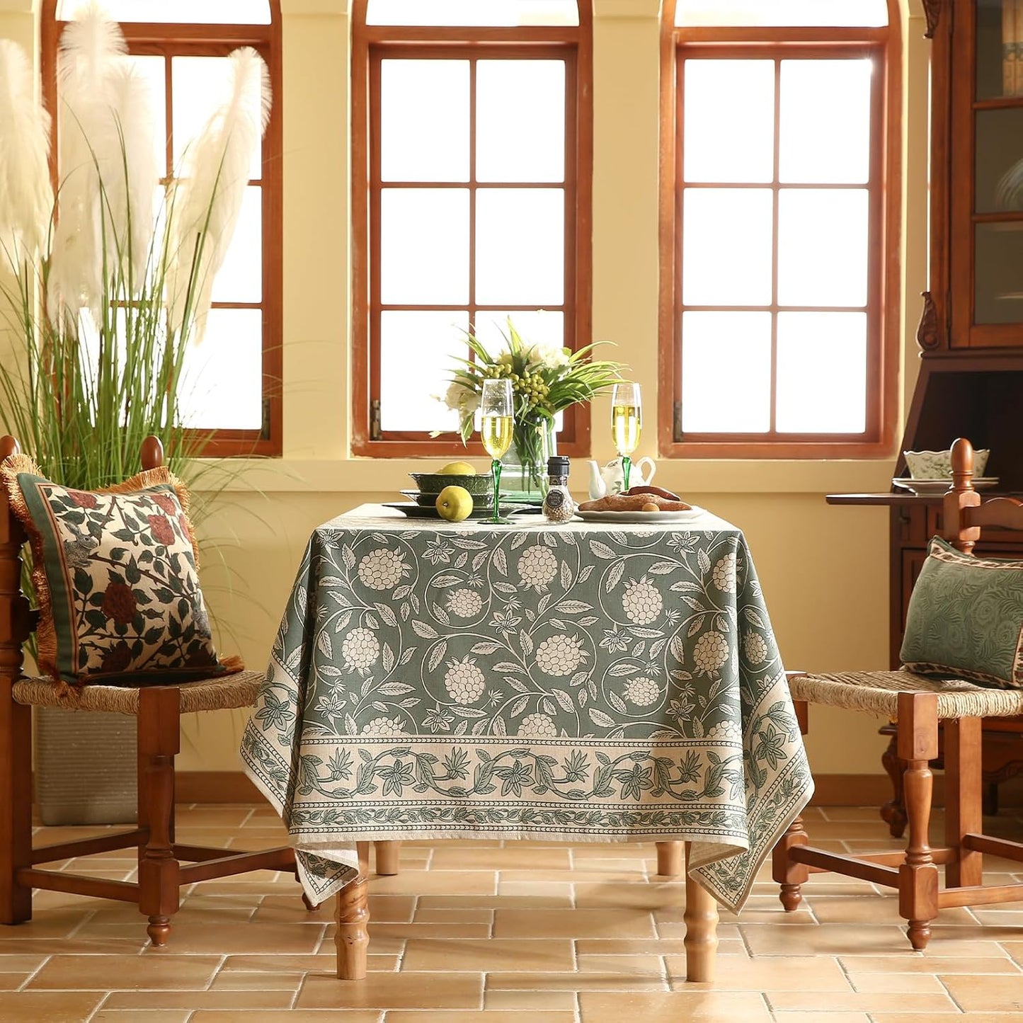 ISAENNE Designer Grayish Green Linen Small Square Tablecloth,Floral Stain Resistant Table Cloth,Fall Vintage Decor Tablecloths for Dining Thanksgiving Kitchen Tea Party,55"*55"-Andrew A