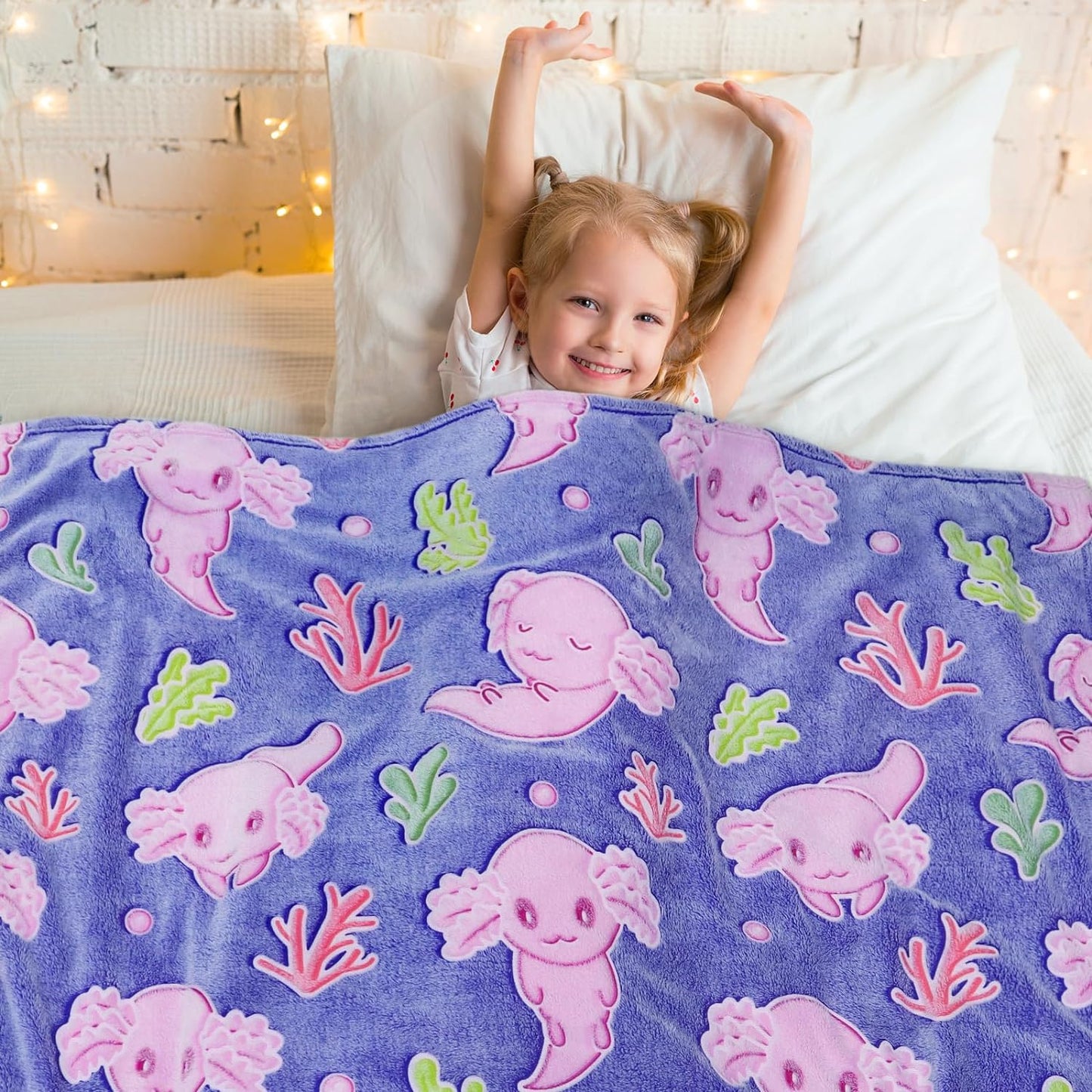 Glow in The Dark Blanket Axolotl Gifts Toys for Girls Cute Axolotl Blanket for Birthday Gifts