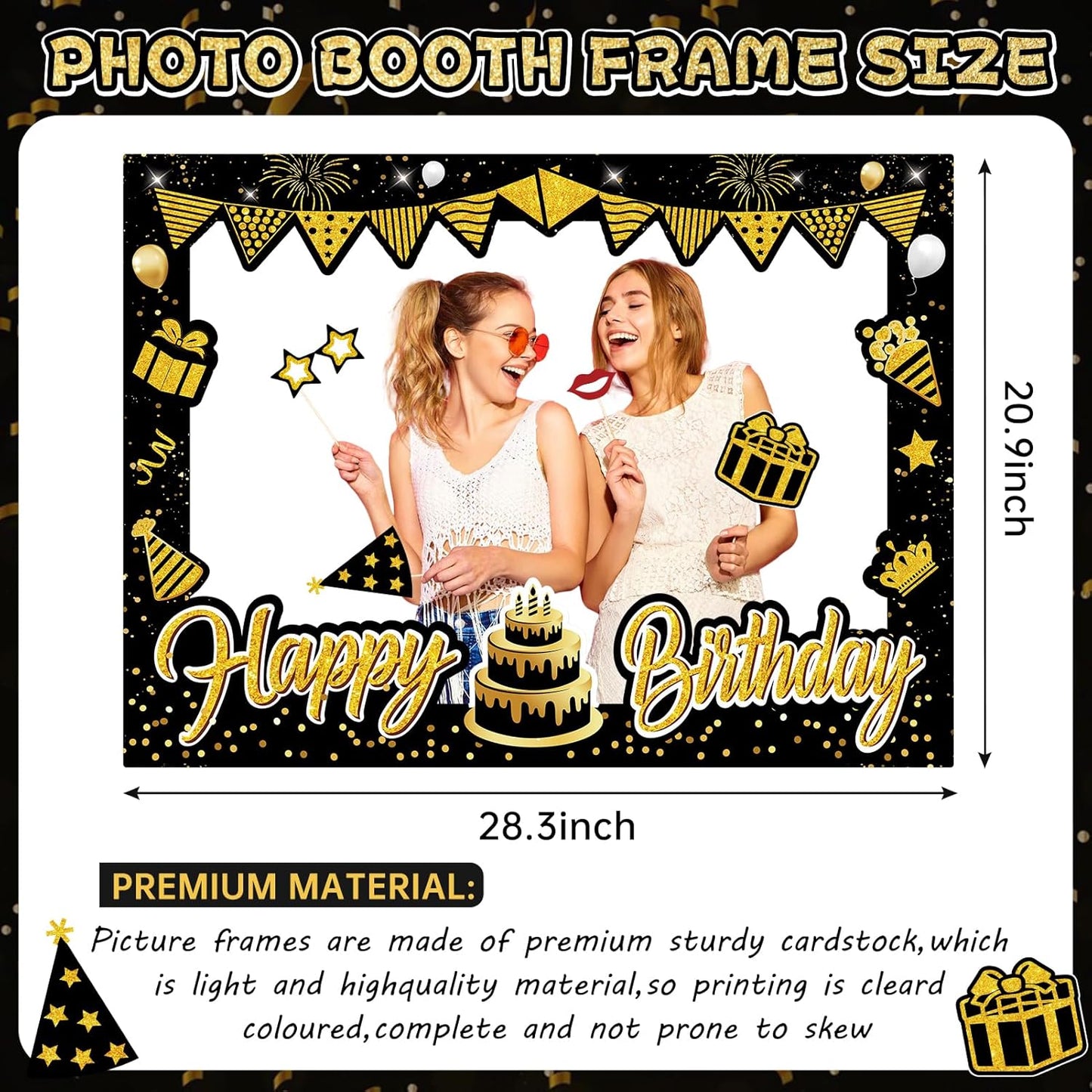 Birthday Party Decorations for Boys & Girls - Black & Gold Photo Booth Props & Selfie Frame Set