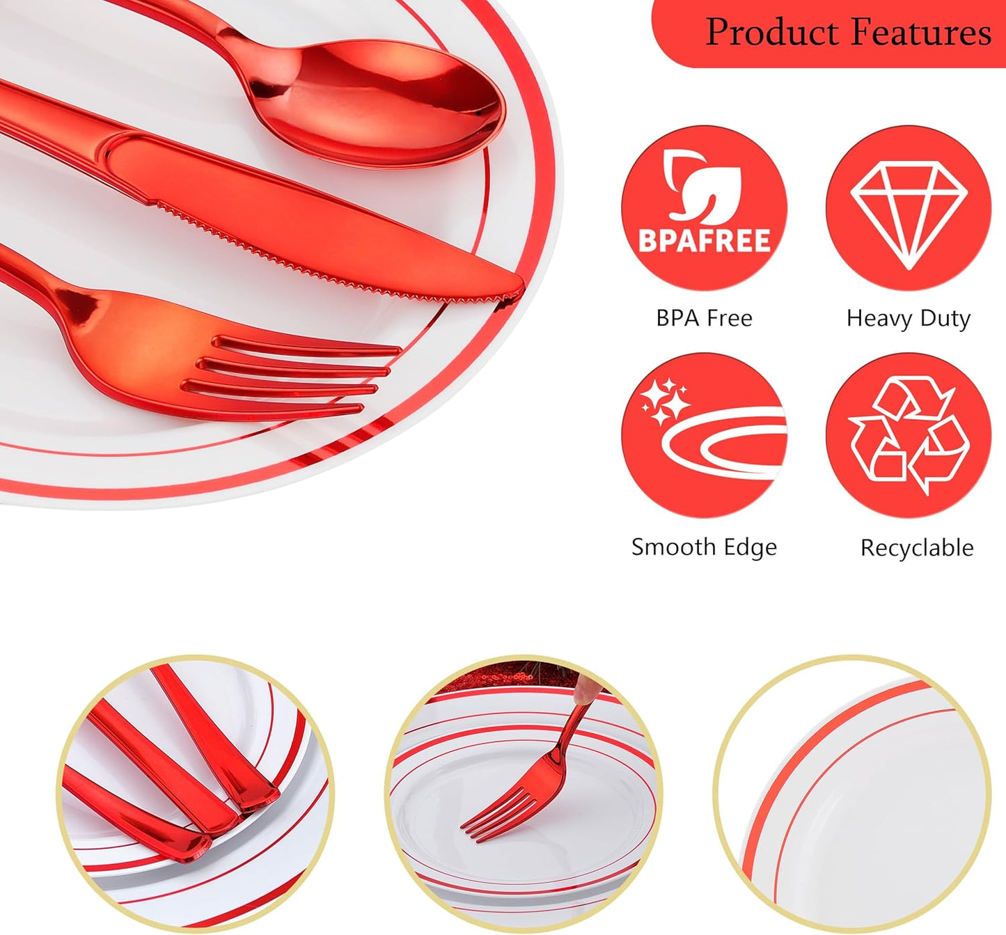 300 PCS Red Dinnerware Set for 50 Guests,Red Rimmed Heavy Duty Plastic Disposable Plates for Party Wedding-50 Dinner Plates,Dessert Plates,Spoons,Forks,Knives,Cups