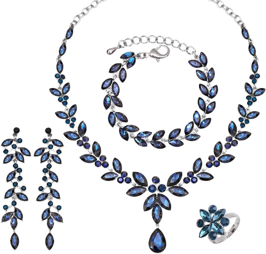 CSY 4 Pcs Elegant Bridal Jewelry Sets Austrian Marquise Crystal Wedding Necklace Dangle Earrings Tennis Bracelet Ring Set for Bride Women Costume Accessories