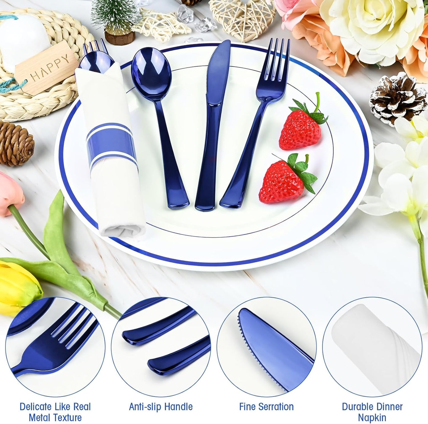60Pack Blue Pre Rolled Plastic Silverware - Wrapped Blue Disposable Cutlery with Napkins, Heavy Duty Rolled Plastic Silverware Set, Disposable Utensils with Dinner Napkins for Party
