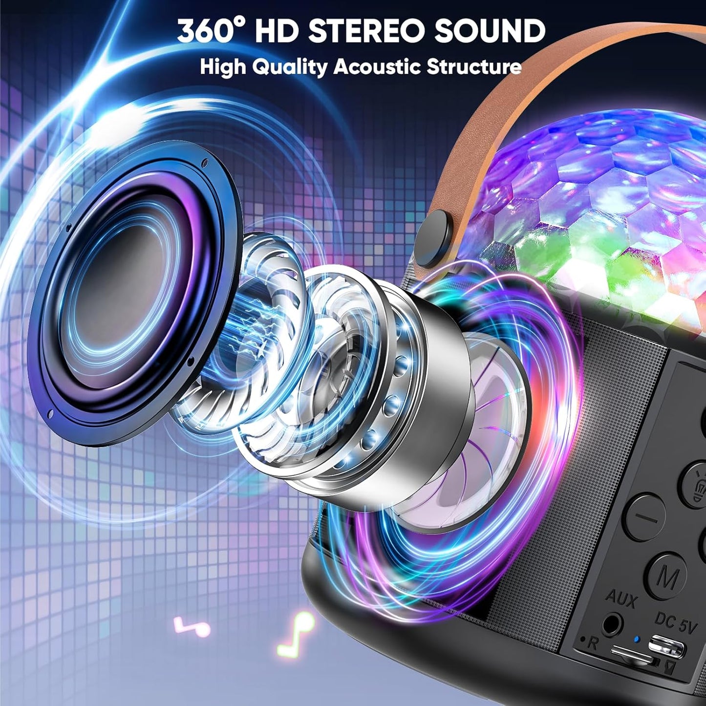 Karaoke Machine with Disco LED Lights for Adults Kids, Portable Bluetooth Speaker with 2 Wireless Microphone Toys Christmas Birthday Gifts for Boys Girls Family Home Party