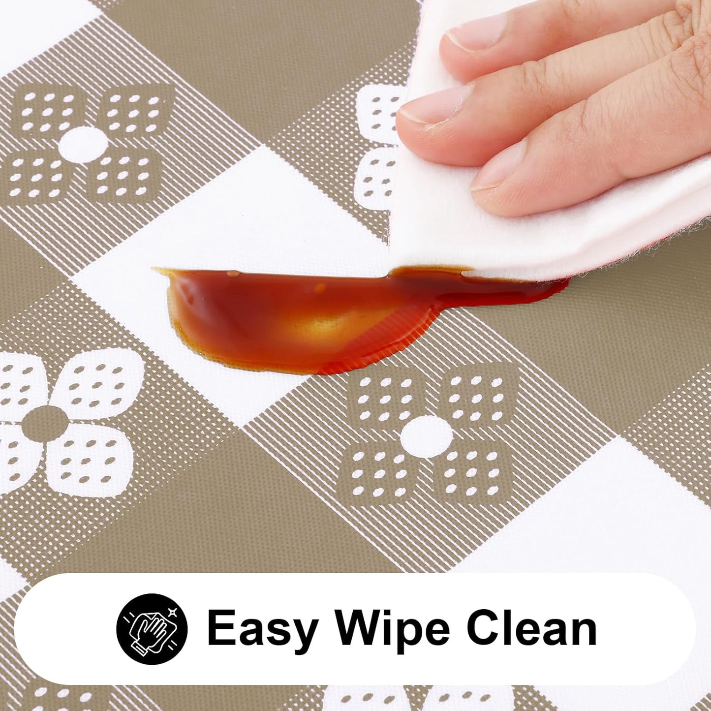 Rectangle Vinyl Table Cloth, Waterproof Elastic Fitted Tablecloth with Flannel Backing, Plastic Table Cover for Picnic, Camping, Outdoor (Khaki & White, 30"x72")