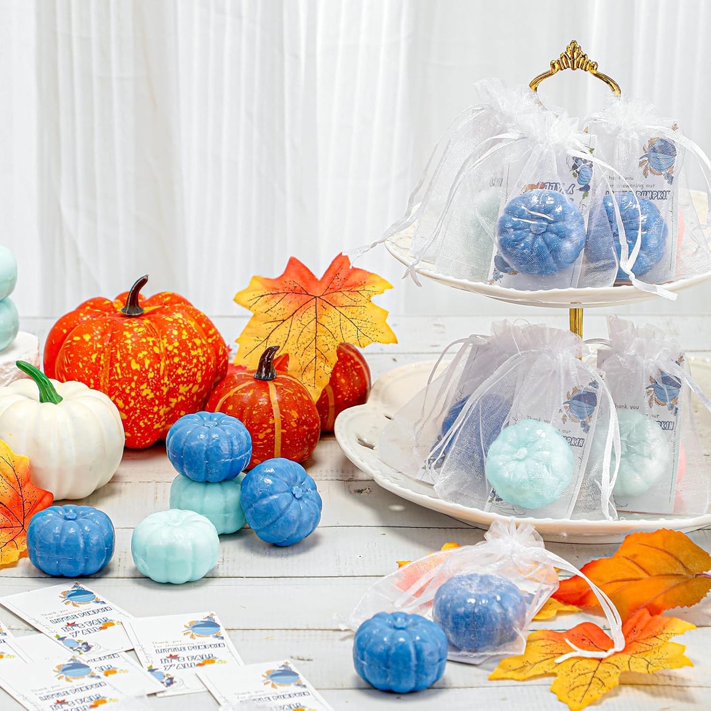 Liliful 50 Sets Pumpkin Soap Baby Shower Favors Thanksgiving Fall Favors for Bridal Shower Wedding Party Decorations 50 Little Pumpkin Soaps 50 Thanks Cards 50 Organza Bags Gender Reveal Gift(Blue)