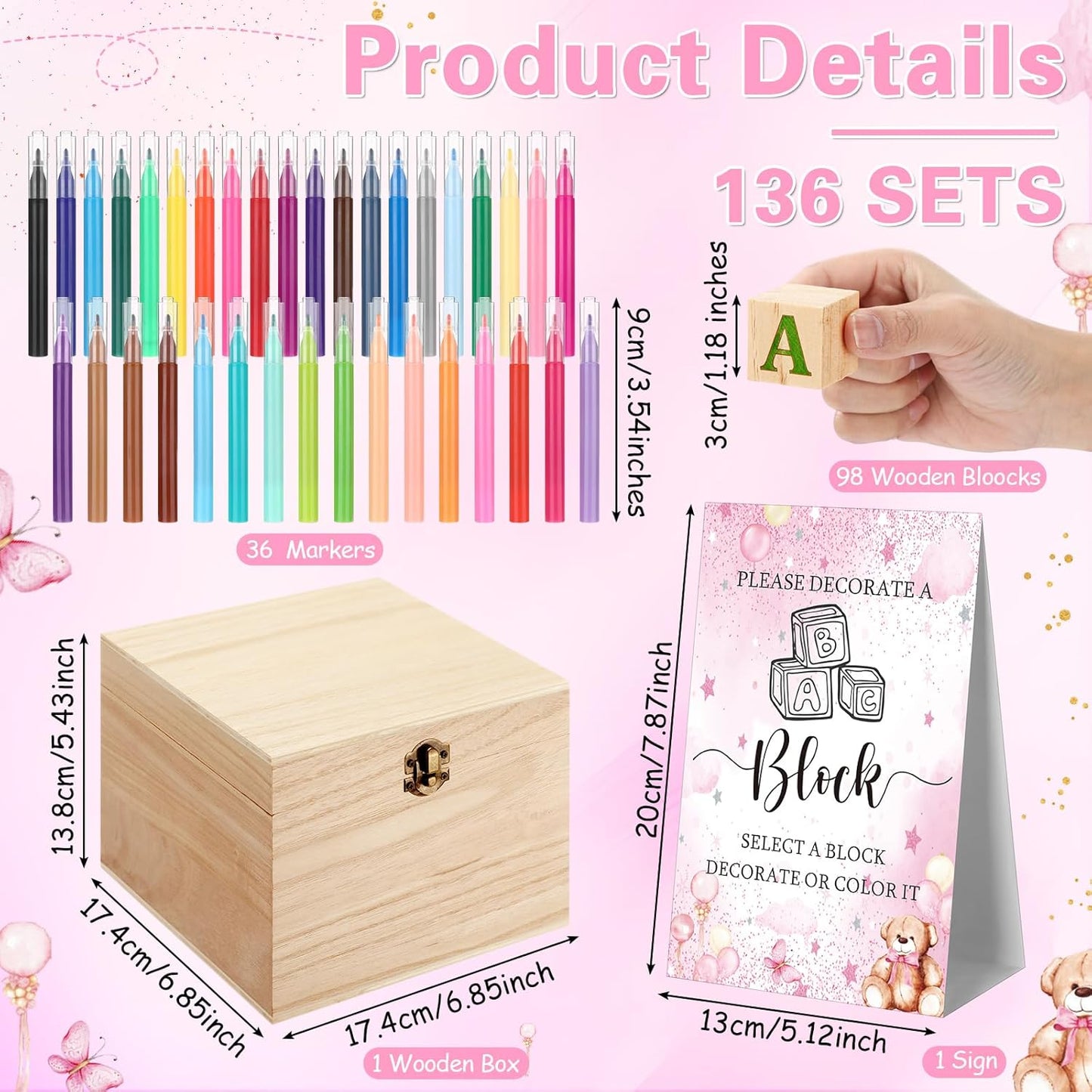 Marsui 136 Pcs Baby Shower Blocks to Decorate Game Kit Includes 98 Wooden Blocks, 36 Markers, 1 Game Sign, 1 Storage Box for Baby Shower Gender Reveal Activity Party Decorations(Pink Bear)
