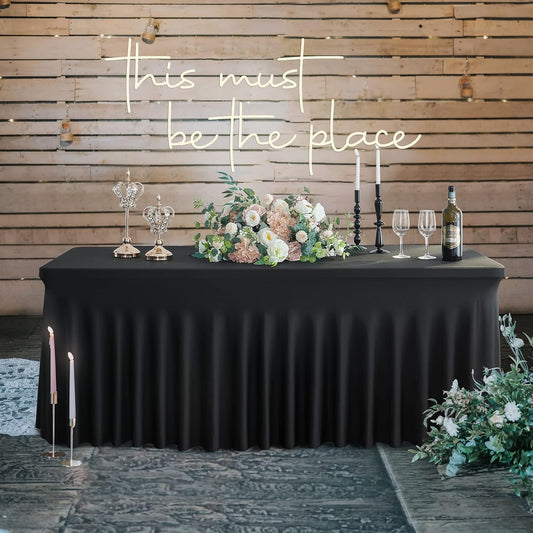 leegleri 1 Pack Black Spandex Fitted Table Clothes for 6 Foot Rectangle Tables, Wrinkle Free 6ft Stretch Table Cover, Spandex Table Skirt for 6FT Rectangle Tables-for Banquet Weddings Parties