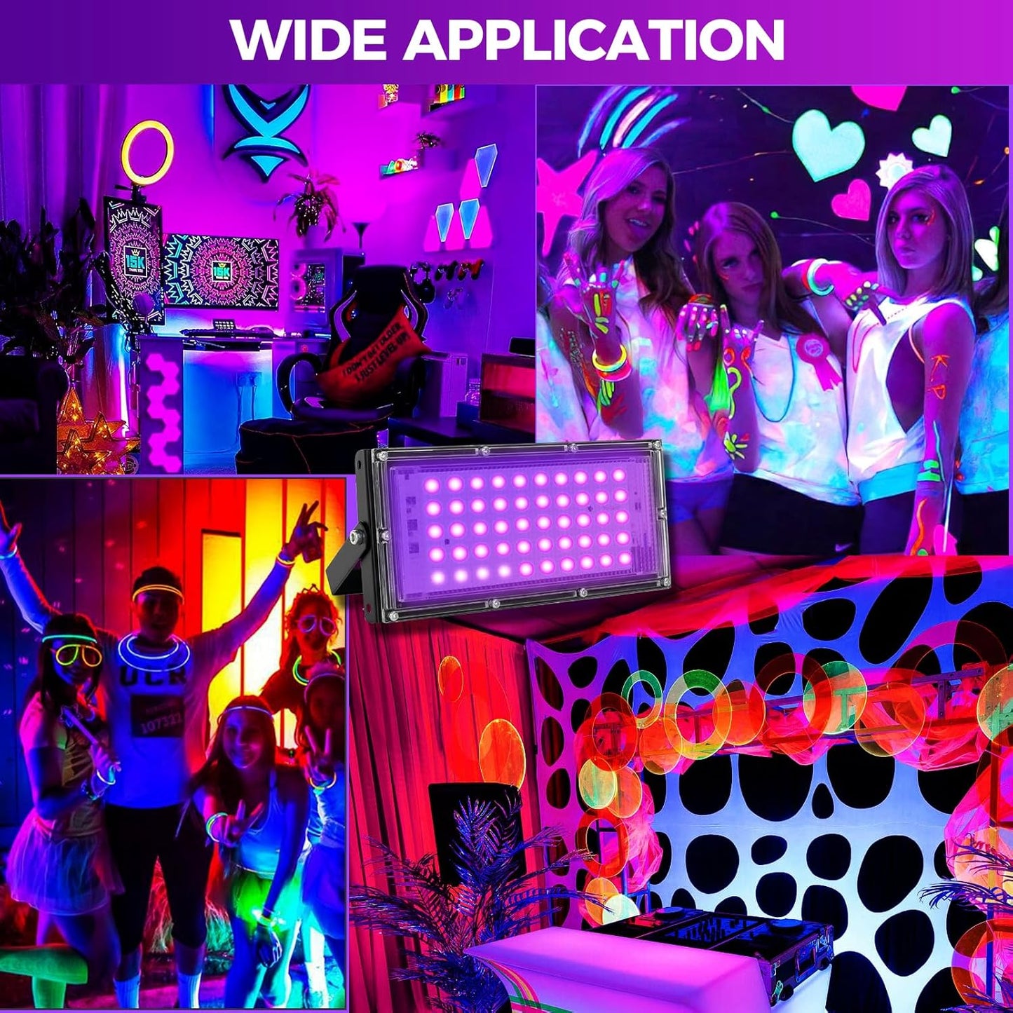 50W LED Black Lights for Glow Party, IP65 Waterproof UV Blacklight Floodlight 395nm Black Light Spotlight Purple Black Light Flood Light Fluorescent UV Light Lamp for Halloween Decor (4 Pack)