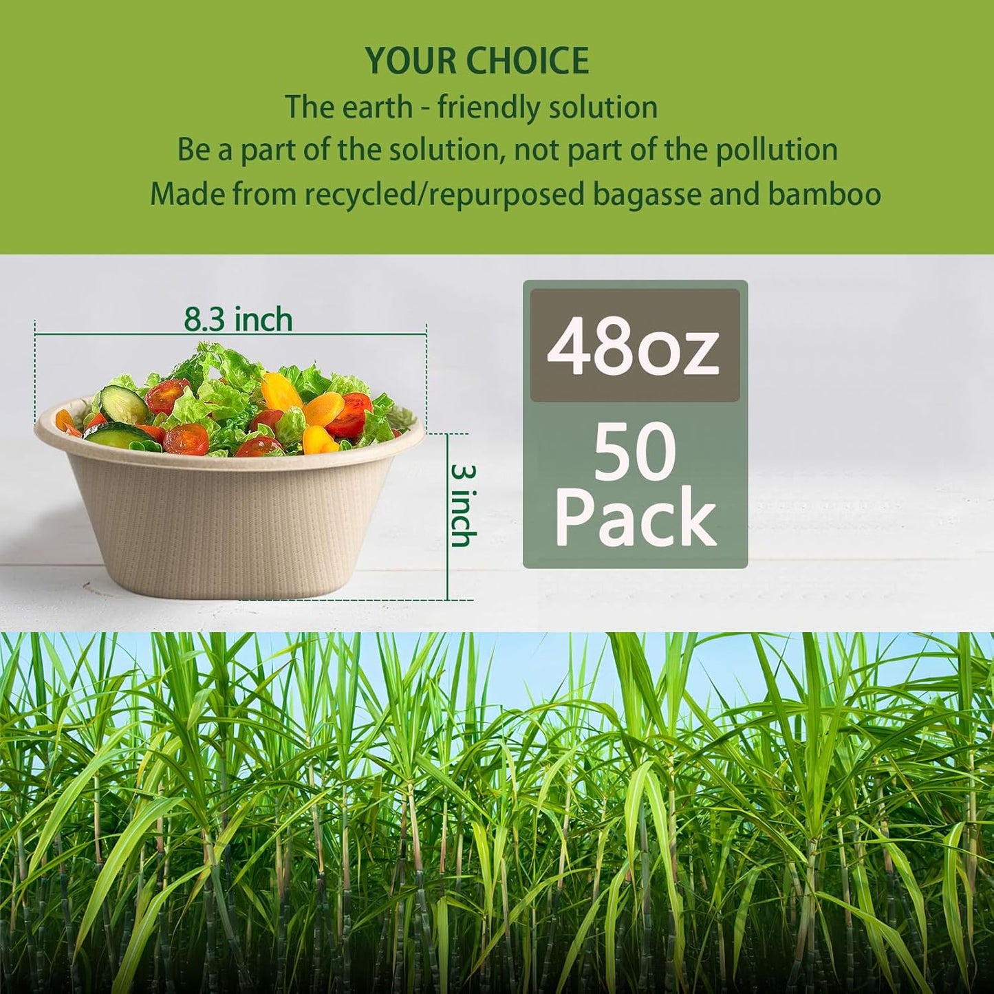 Homestockplus 48 Oz Disposable Bowls - Heavy Duty and Compostable Bowl - Made from Sugarcane and Bamboo Fibers, Microwave Safe - Large Paper Bowl for Soup, Salad, Ramen, Popcorn, etc. [50 Pack]