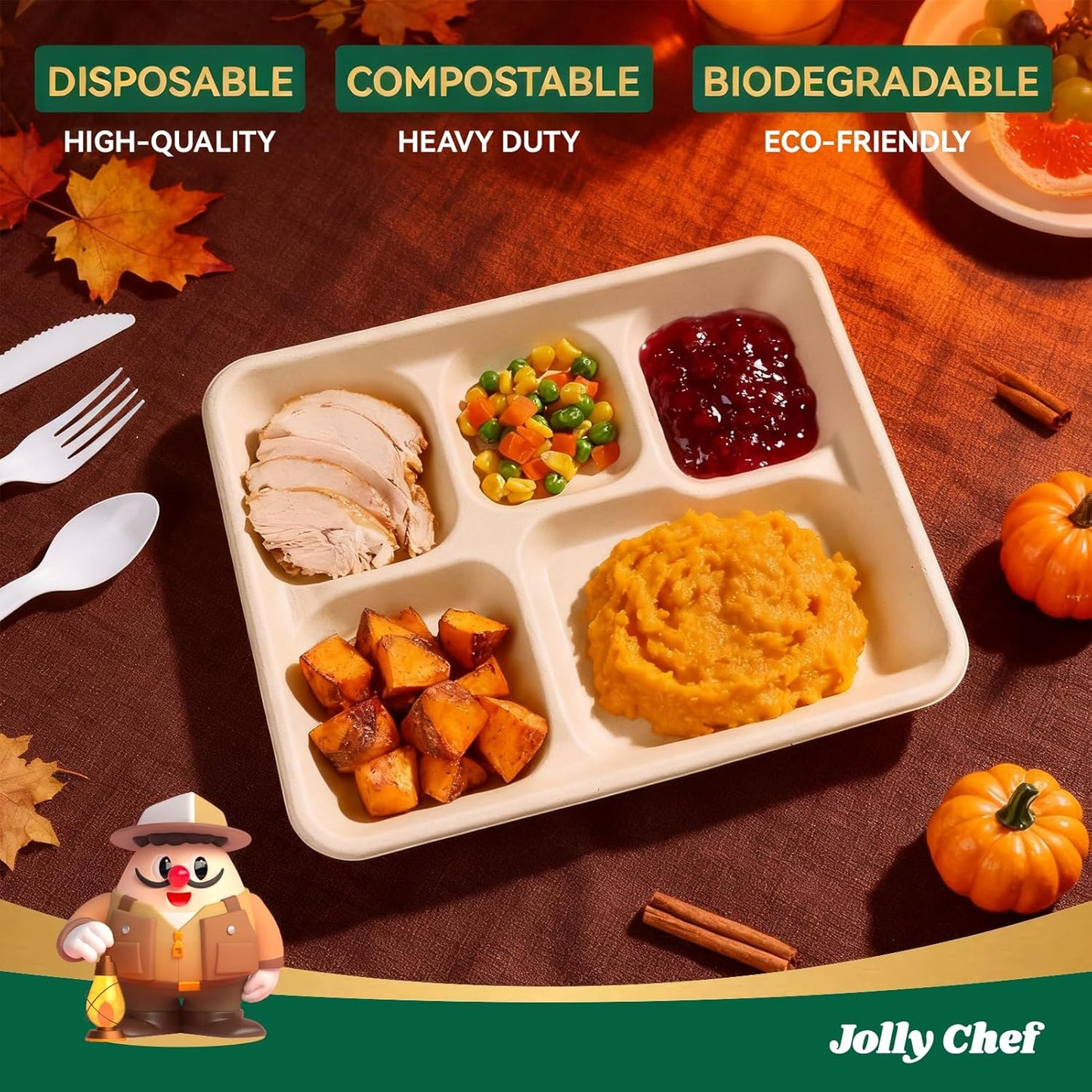 JOLLY CHEF Compostable 5 Compartment Paper Plates 10 * 8.25 * 1 inch 125 Pack Small Disposable Eco-Friendly Biodegradable Food Trays for Primary and Secondary School Students’ Lunch (Brown)