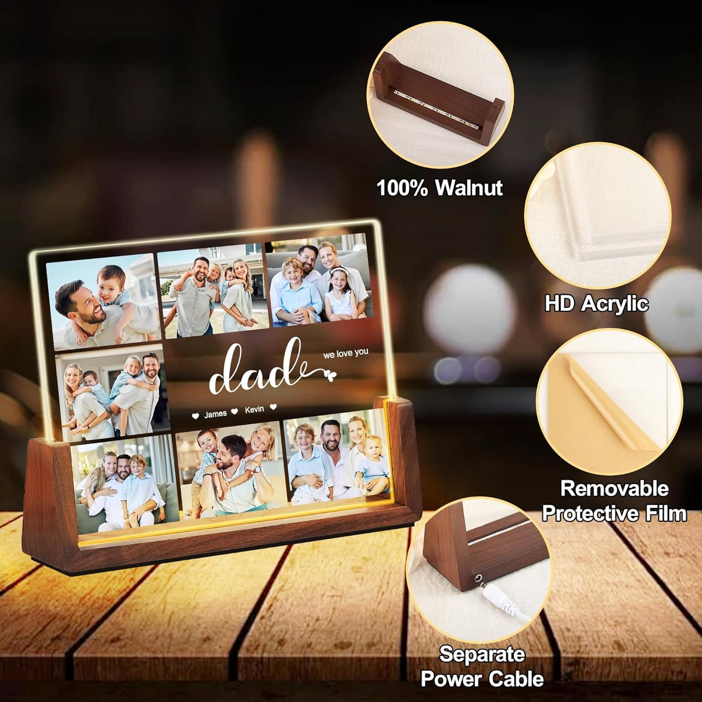 Personalized Dad Gifts For Fathers Day, Fathers Day Christmas Gifts From Daughter Son Kids Wife, Custom Acrylic Plaque LED Picture Frame With Photo Name, Customized Gift For Dad Grandpa Husband