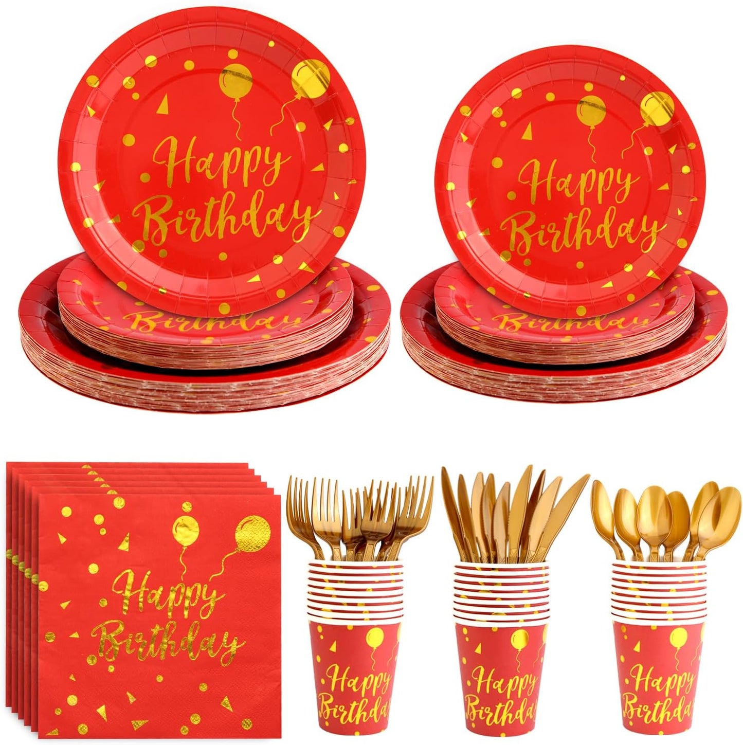 175 Pieces Gold Disposable Party Dinnerware Set &Disposable Birthday Party Dinnerware -Red Paper Plates Napkins Cups, Gold Plastic Forks Knives Spoons
