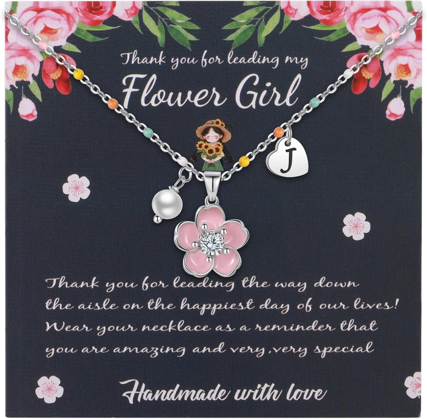 DS Flower Girl Necklace Gifts |Heart Initial Letter Flower Necklaces with Pearl Charm for Women | Personalized Wedding Proposal Bridal Shower Party Jewelry Gift | 18K Gold Plated Stainless Steel