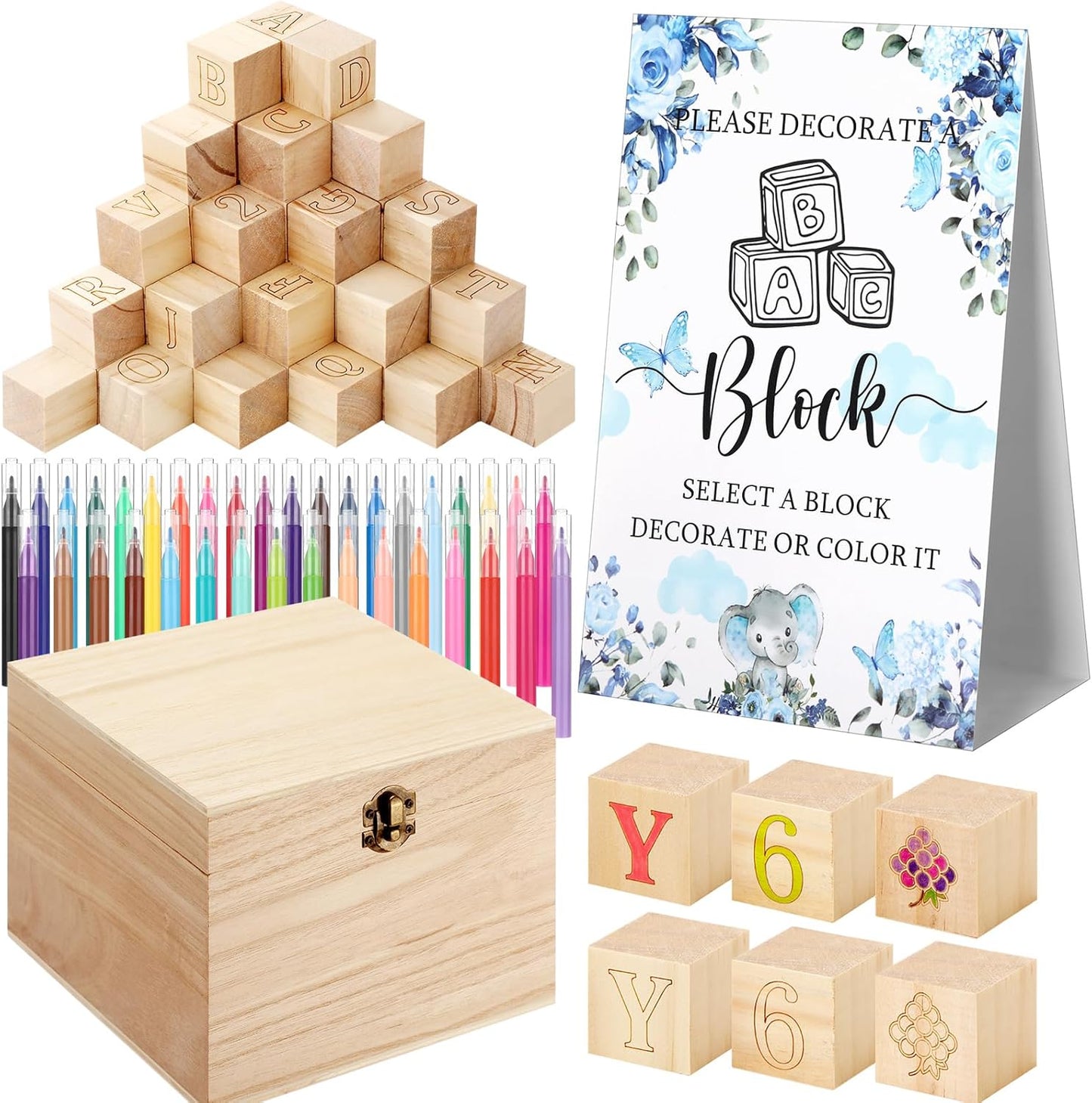 Marsui 136 Pcs Baby Shower Blocks to Decorate Game Kit Includes 98 Wooden Blocks, 36 Markers, 1 Game Sign, 1 Storage Box for Baby Shower Gender Reveal Activity Party Decorations(Blue Butterfly)