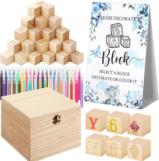 Marsui 136 Pcs Baby Shower Blocks to Decorate Game Kit Includes 98 Wooden Blocks, 36 Markers, 1 Game Sign, 1 Storage Box for Baby Shower Gender Reveal Activity Party Decorations(Blue Butterfly)