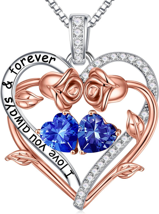 Iefil Rose Heart Double Birthstone Necklace Gifts for Wife Her Mom Women, Birthstone Jewelry Gemstone Birthday Gifts for Girlfriend Grandma Her Wife Women