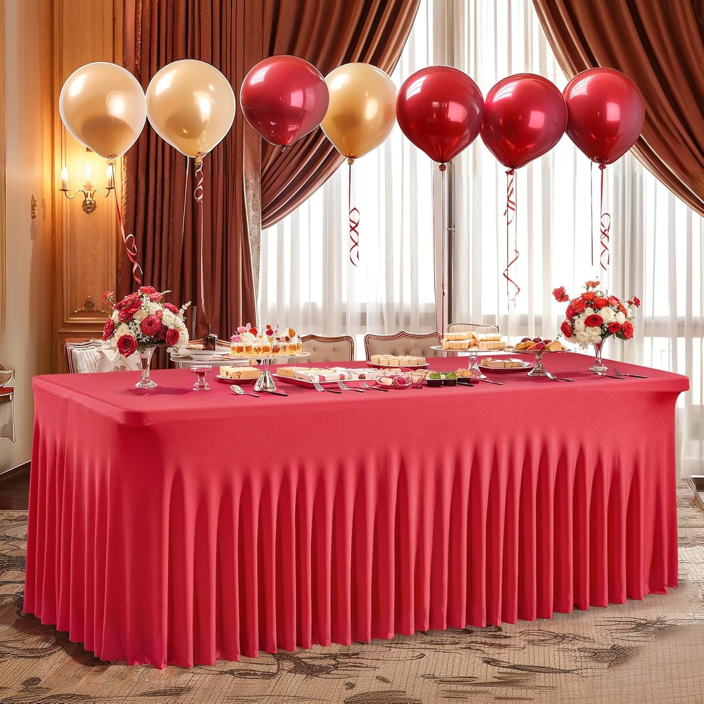 PARTISKY Red Spandex Tablecloth for 6ft Rectangle Tables, Stretchable Table Cover Skirt for Folding Tables Weddings Parties Banquets Events Trade Shows and Dessert Table