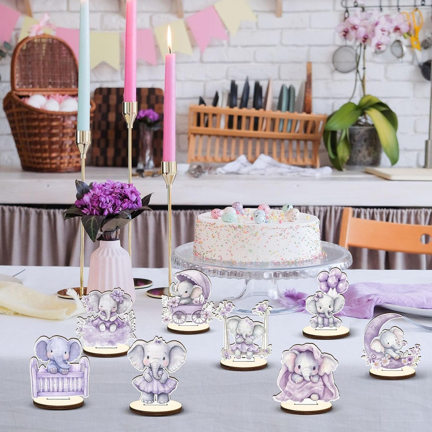 16 Pcs Wooden Baby Shower Table Centerpiece Purple Elephant Tabletop Detachable Sign Boy Or Girl Gender Reveal Table Toppers Display Decoration Elephant Birthday Photo Props Party Favor Supplies