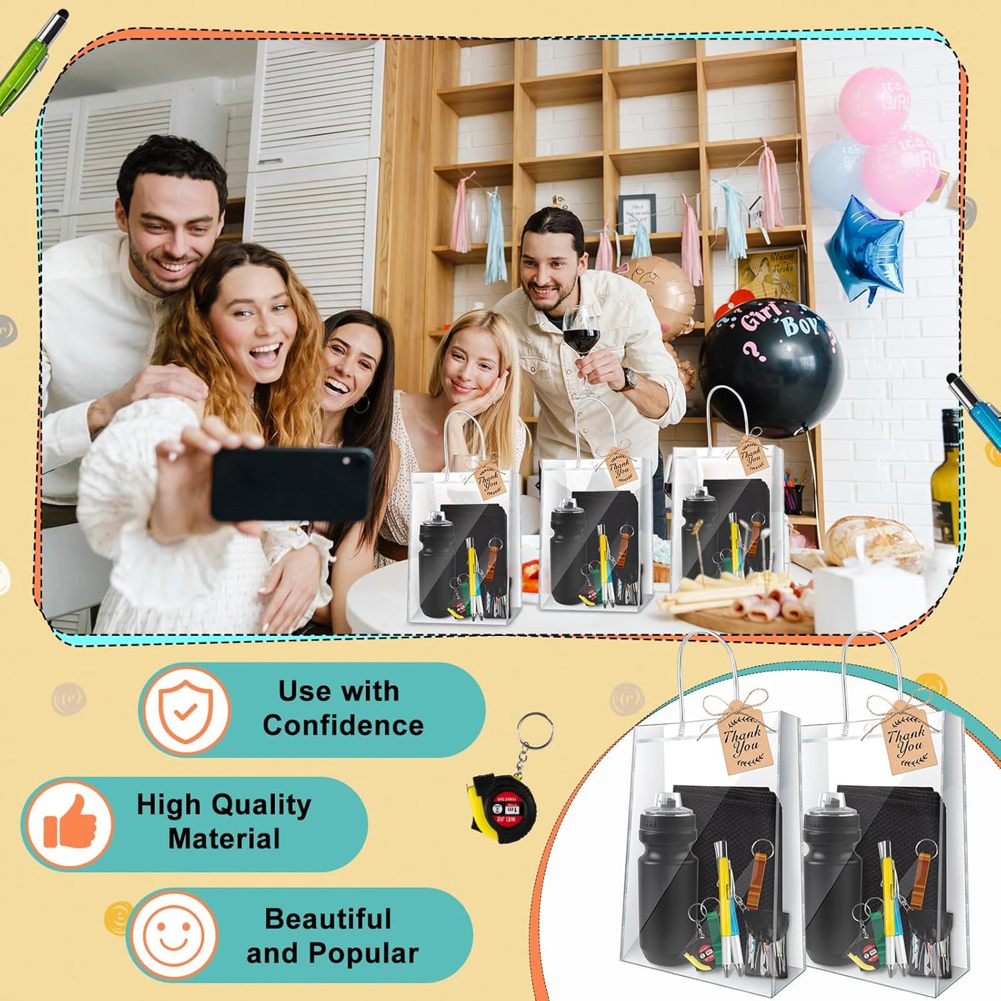 4 Sets Baby Shower Prizes for Men with Kettle Ruler Pen Cooling Towel Tool Kit Bottle Opener Cardboard Hemp Rope Plastic Bag for Baby Shower Game Winners Men Bachelor Party