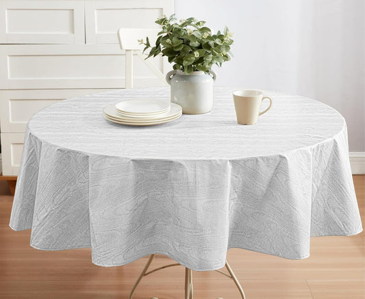 Newbridge Vinyl Flannel Backed Tablecloth, 60 x 84 Inch Oval, Silvery White Moire Wavy Solid Design, Heavyweight Indoor Outdoor Waterproof Table Cover, Easy Care Wipe Clean