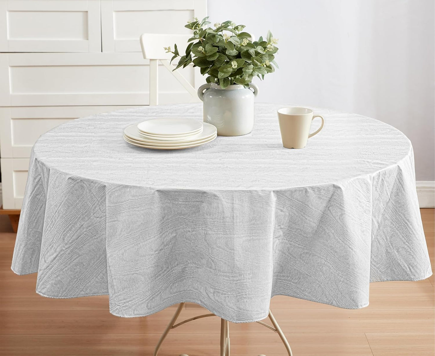 Newbridge Vinyl Flannel Backed Tablecloth, 70 inch Round, Silvery White Moire Wavy Solid Design, Heavyweight Indoor Outdoor Waterproof Table Cover, Easy Care Wipe Clean