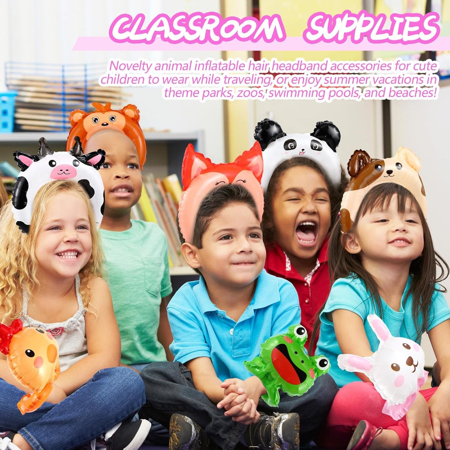 Libima 200 Pcs Zoo Animal Inflatable Party Set, Inflatable Headbands & Wrist Balloons with Manual Air Pump, Cartoon Animal Decor for Kids Birthday, Carnival, Christmas, School Classroom Activities