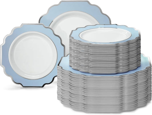 " OCCASIONS " 240 Plates Pack (120 Guests) Heavyweight Wedding Party Disposable Plastic Plates Set -120 x 10.5'' Dinner + 120 x 8'' Salad/Dessert Plate (Imperial in White/Blue & Silver)