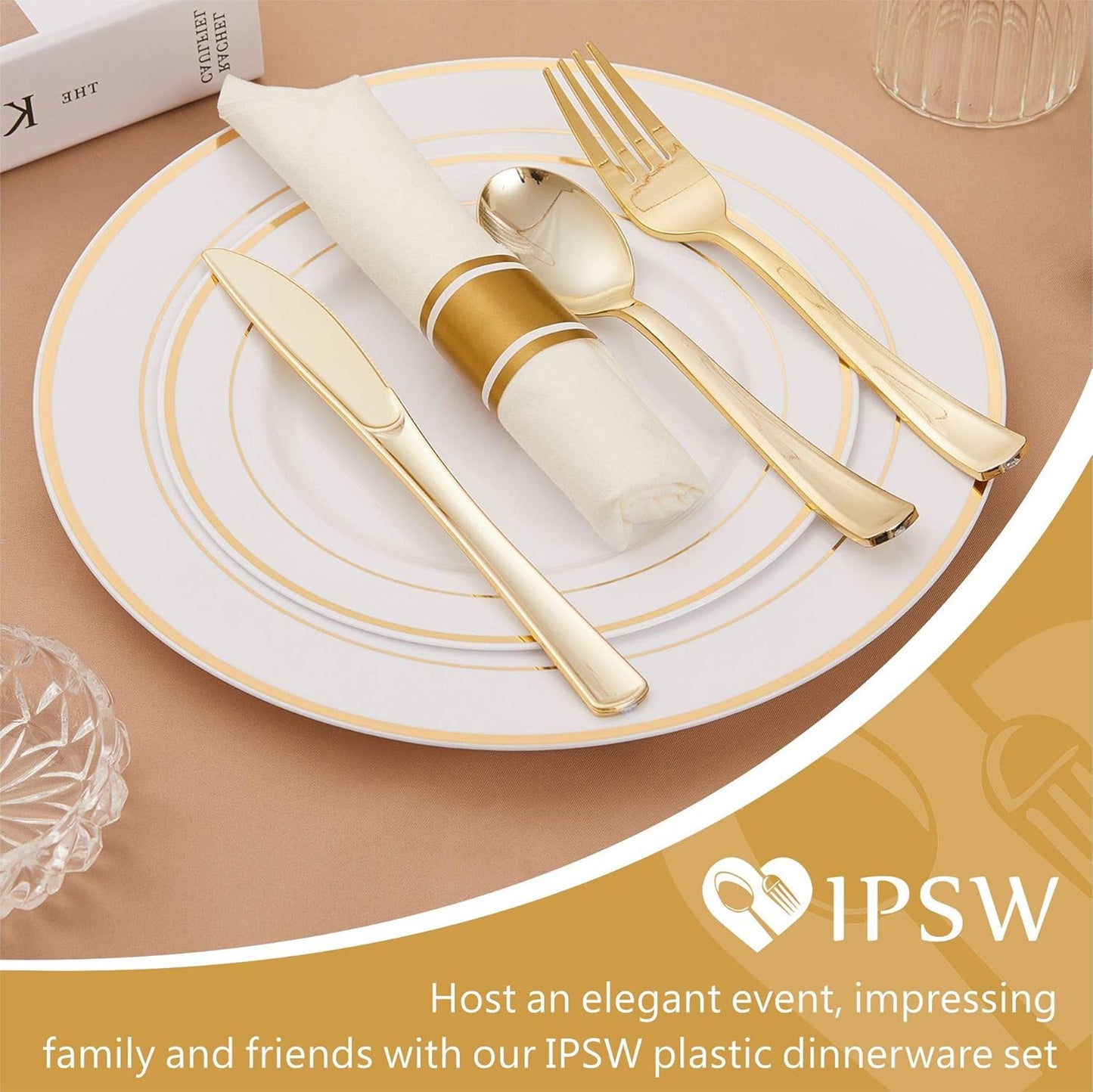 Gold Plastic Plates and Disposable Silverware w/Per-Rolled Napkins,Home Parties Heavy Duty Dinnerware incl Dinner Plates,Linen Like Napkin, Cutlery(72 pcs,12 Guests)