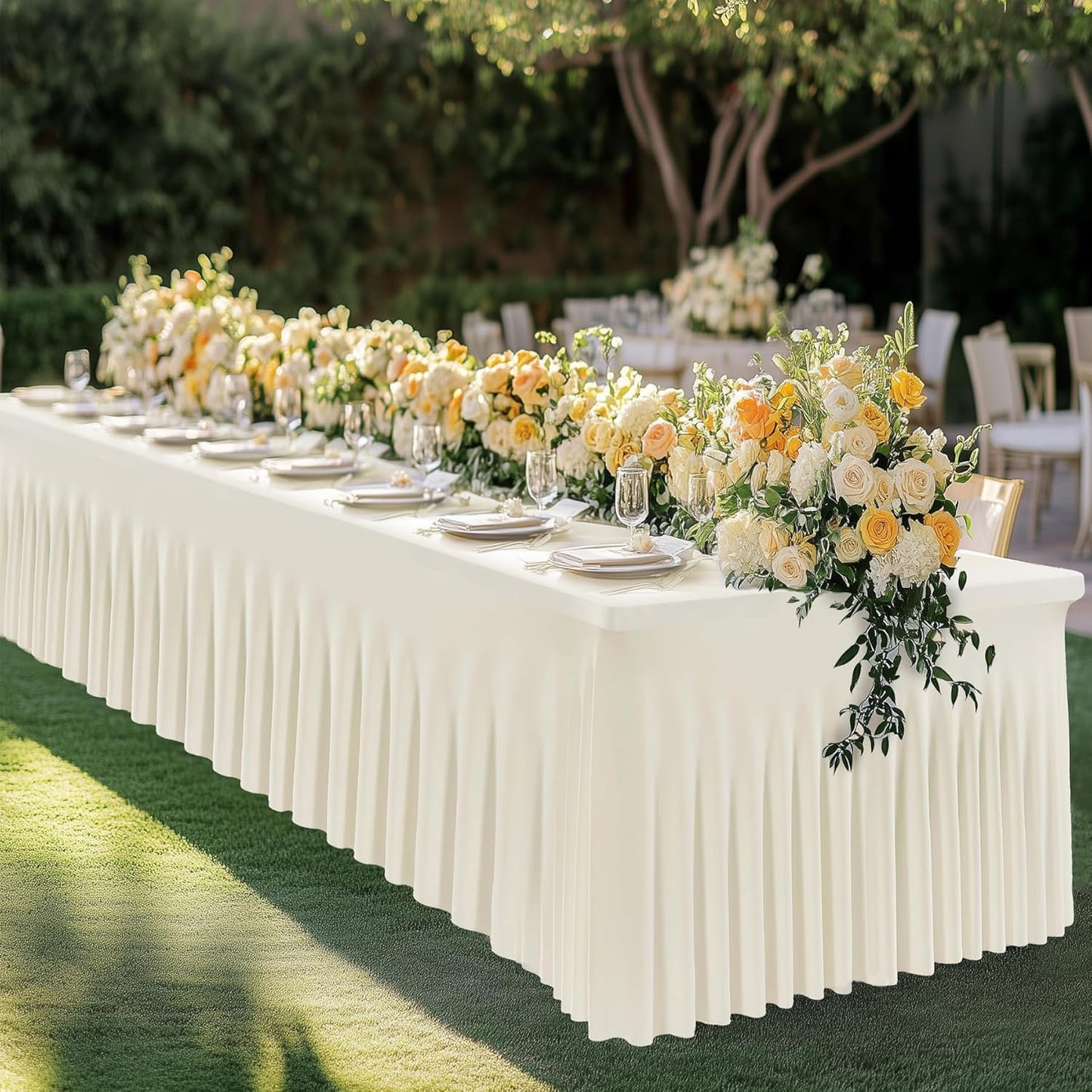 Leegleri 4 Pack Ivory Spandex Tablecloths for 8ft Rectangle Tables, Wrinkle Free Fitted Table Cloths with Skirt for Parties, Weddings, Birthday, Banquet, Baby Shower